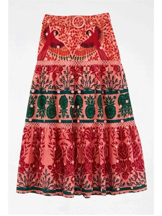 FARM Rio Dresses & Skirts - Farm Rio Ainiika Printed Tiered Maxi Skirt with Belt Pink Red Green M NWOT